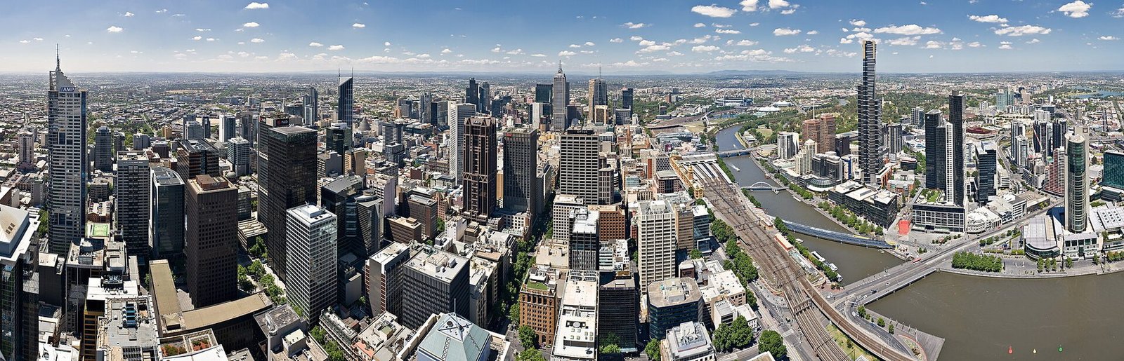 Aerial view across Melbourne's CBD towers and the Yarra River on a clear day